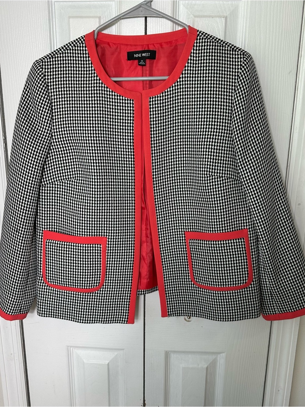 Nine West Black & White Houndstooth Jacket with Coral Trim